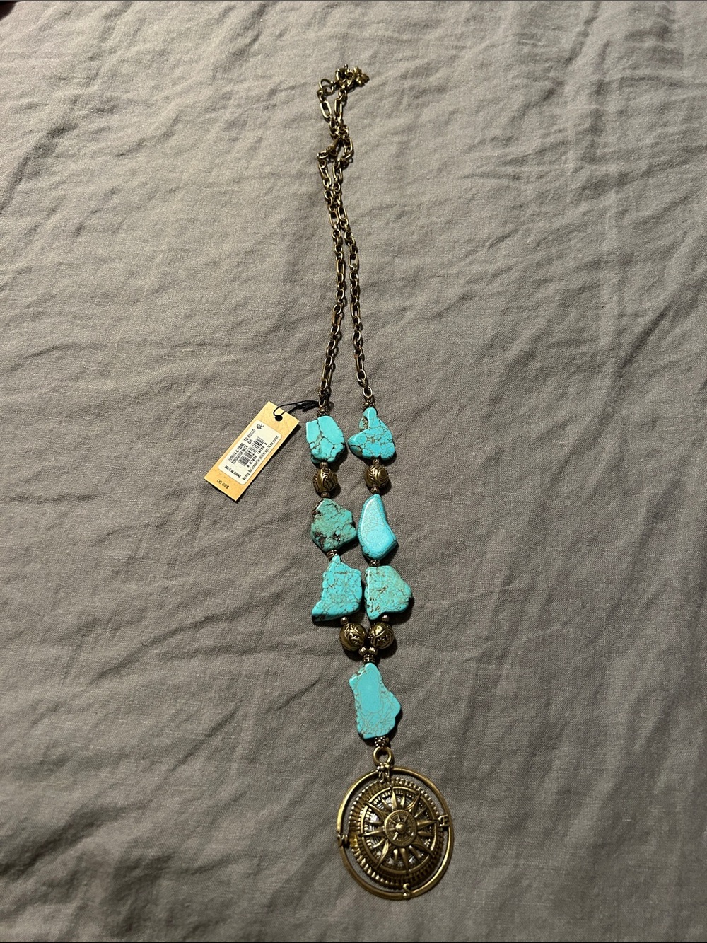 Patricia Nash Turquoise Stone Necklace with Antique Gold Compass Medallion